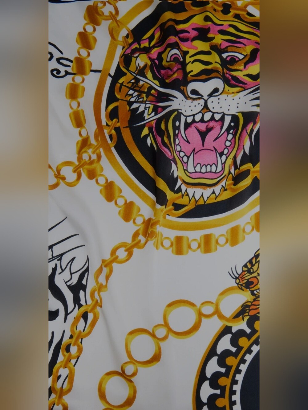 Ed Hardy White, Gold, Black, Chain & Tiger Print Silk Scarf - Picture 4 of 7